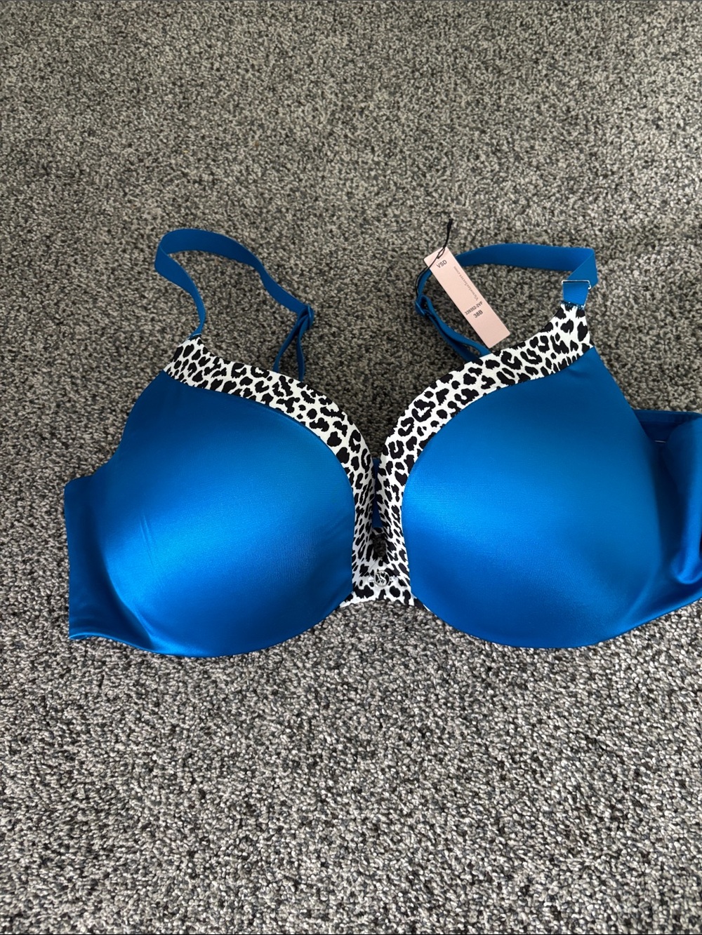 Victoria's Secret Blue T-Shirt Bra with Black & White Leopard Trim